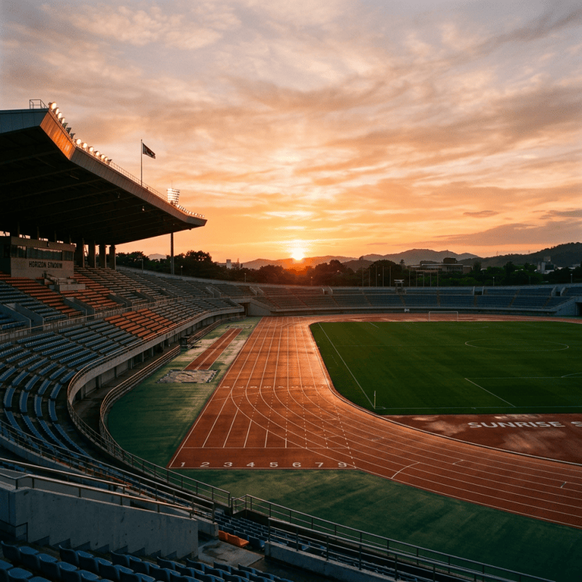 Sunrise over running track stadium