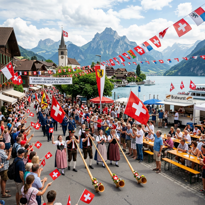 Swiss National Day parade with alphorn players and Swiss flags